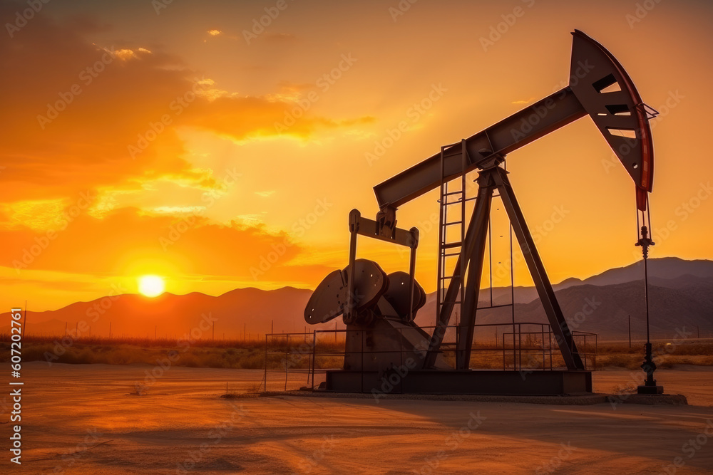 Crude oil pumpjack rig on desert silhouette in evening sunset, fossil fuel energy industrial machine for petroleum gas production background. Generative AI Crude oil pumpjack rig on desert silhouette in evening sunset, fossil fuel energy industrial machine for petroleum gas production background. Generative AI