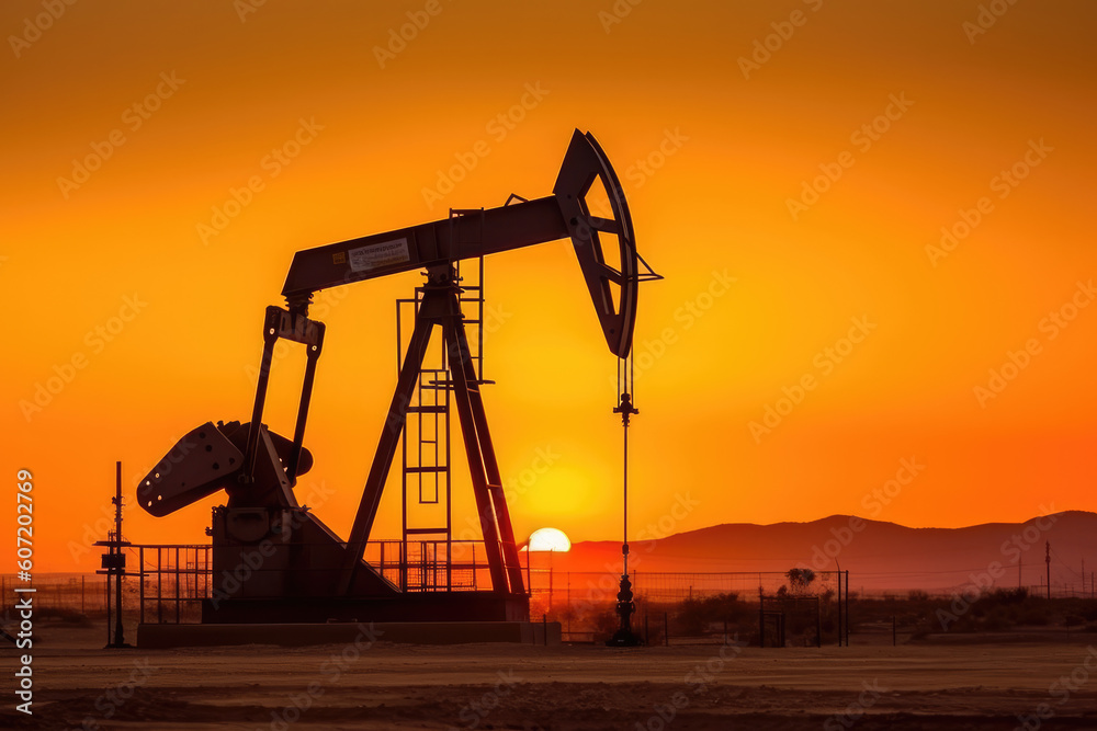 Crude oil pumpjack rig on desert silhouette in evening sunset, fossil fuel energy industrial machine for petroleum gas production background. Generative AI