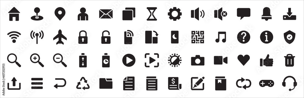 Basic user interface icon set. Universal and common website user interface icons vector collection. Solid design style for mobile phone apps. Contains symbol of folder, lock, security, and volume. Basic user interface icon set. Universal and common website user interface icons vector collection. Solid design style for mobile phone apps. Contains symbol of folder, lock, security, and volume.