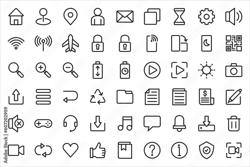 Basic user interface icon set. Universal and common website user interface icons vector collection. Thin line design style for mobile phone apps. Contains symbol of folder, lock, security, and volume. Basic user interface icon set. Universal and common website user interface icons vector collection. Thin line design style for mobile phone apps. Contains symbol of folder, lock, security, and volume.