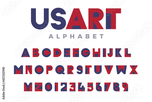 US Art vector alphabet typeface. Artistic and minimal designed old font in blue and red