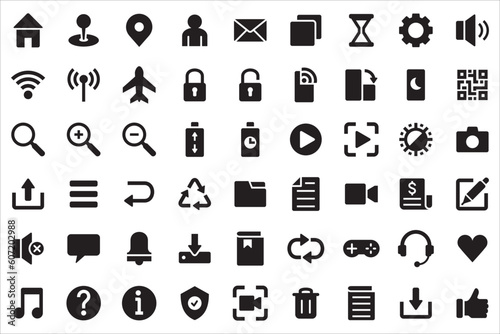 Basic user interface icon set. Universal and common website user interface icons vector collection. Solid design style for mobile phone apps. Contains symbol of folder, lock, security, and volume.