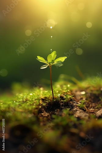 A tiny two leaf tree with water drops, a background meadow, rays of sunshine. AI generative