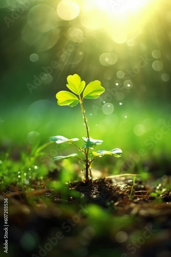 A tiny two leaf tree with water drops, a background meadow, rays of sunshine. AI generative