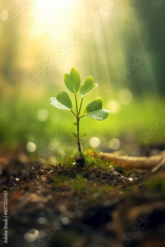 A tiny two leaf tree with water drops, a background meadow, rays of sunshine. AI generative © SANGHYUN