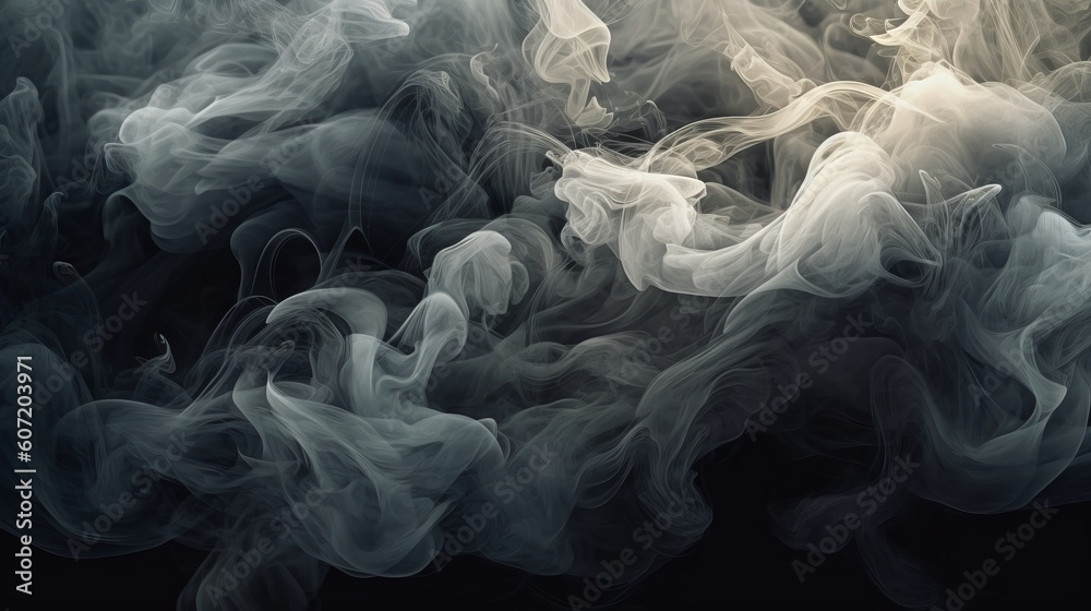 Smoke on a black background in black and white. Generative AI