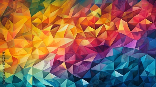 A vibrant geometric abstract background made of colorful triangles. Generative AI