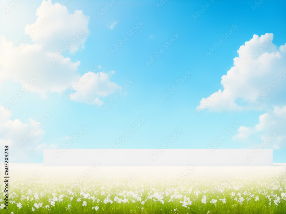 Simple and elegant 3D round podium with sky background, AI generated
