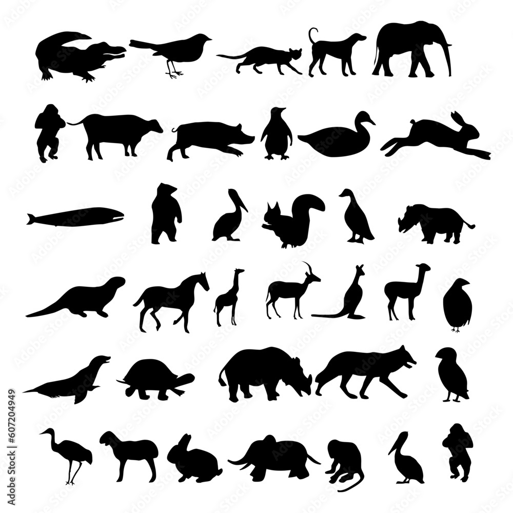 Collection of animal silhouettes. Farm animals silhouettes collection. Wild animals set. Set of silhouettes of different animals.