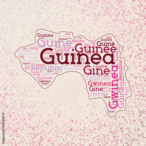 Guinea shape with country names word cloud in multiple languages. Guinea border map on awesome triangles scattered around. Creative vector illustration.