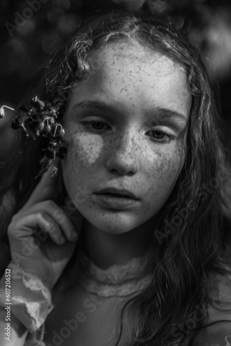 Woman with freckles leaning on hand in greyscale photo