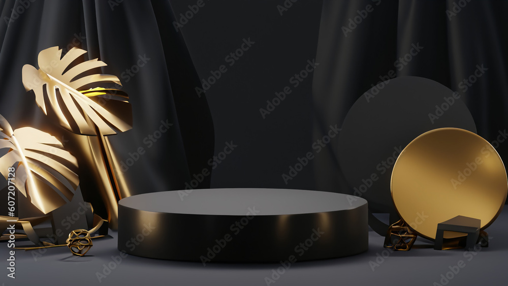 Podium with abstract geometric elements and shapes and background for product display and presentation 3D rendered scene in soft focus