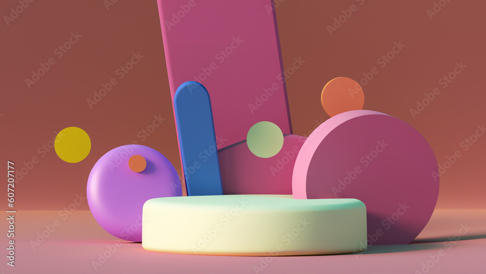 Podium with abstract geometric elements and shapes and background for product display and presentation 3D rendered scene in soft focus