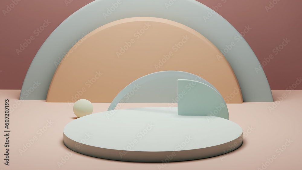 Podium with abstract geometric elements and shapes and background for product display and presentation 3D rendered scene in soft focus Podium with abstract geometric elements and shapes and background for product display and presentation 3D rendered scene in soft focus