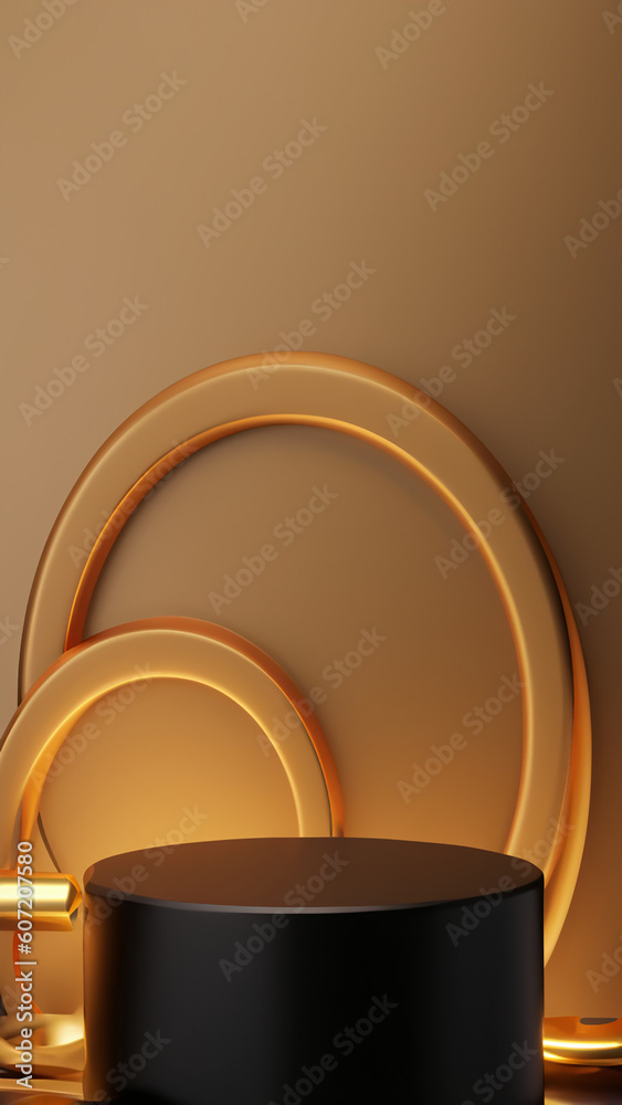 Podium with abstract geometric elements and shapes and background for product display and presentation 3D rendered scene in soft focus for vertical phone screen