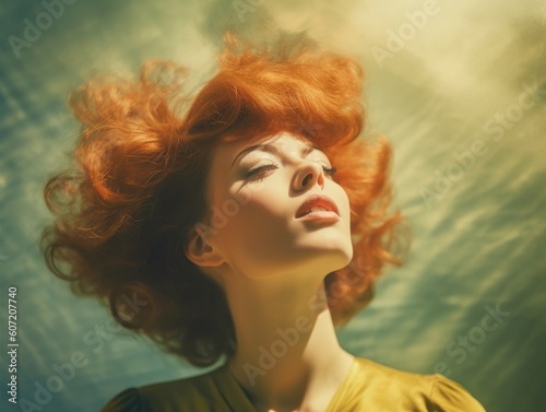 60s style portrait of a red haired woman with a funky period correct background, generative ai
