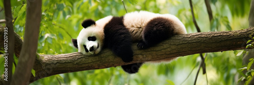 Panda bear sleeps on a tree branch
