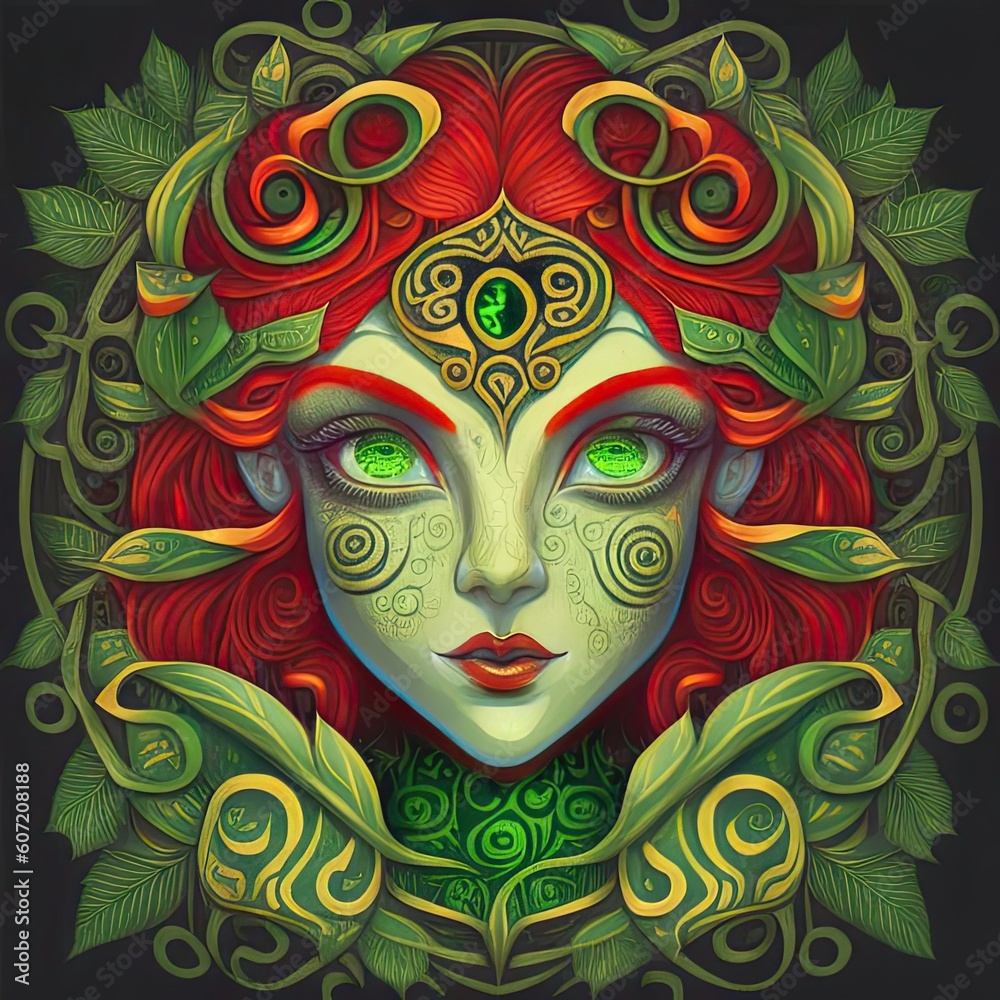 Portrait of a forest fairy in Art Nouveau style, with a golden Arabesque pattern on the skin. Decorative rosette with elements of flora and a fantastic way.