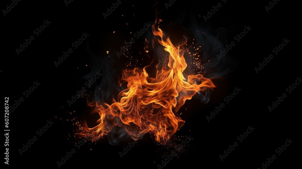 Abstract fire with sparks on a black background. Generative AI.