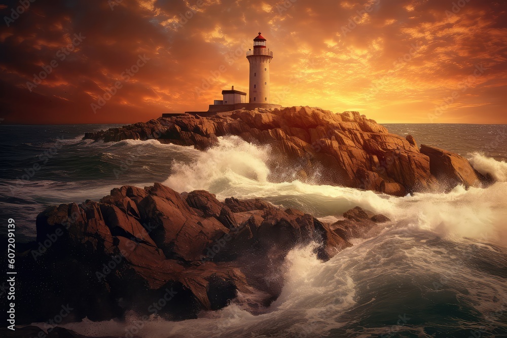 Golden hour casts a magical glow on the solitary lighthouse, its beacon piercing the tranquil ocean Golden hour casts a magical glow on the solitary lighthouse, its beacon piercing the tranquil ocean