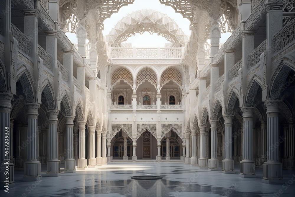 An impressive classical-style Islamic palace building with grand columns and arches. Generative AI