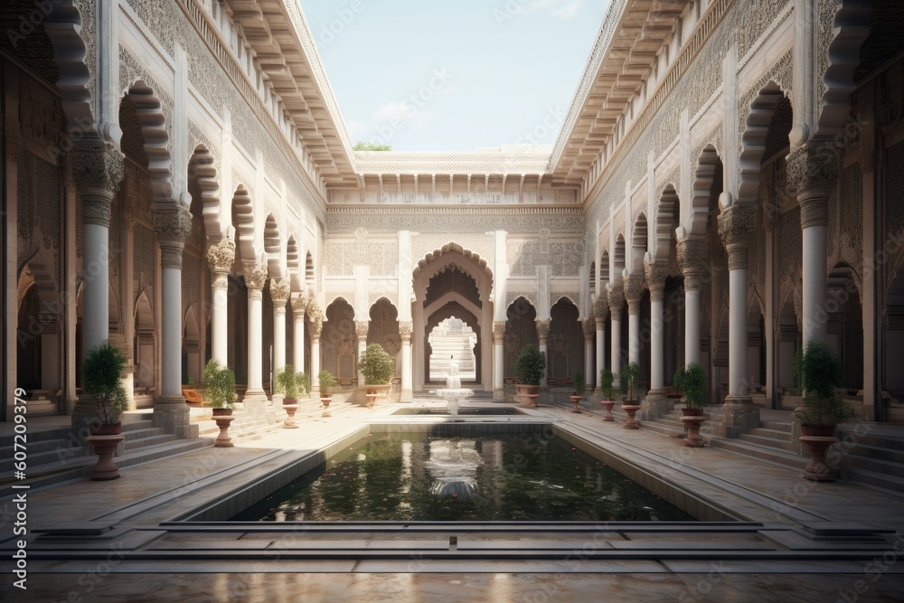 A luxurious indoor swimming pool in a grand building. Generative AI