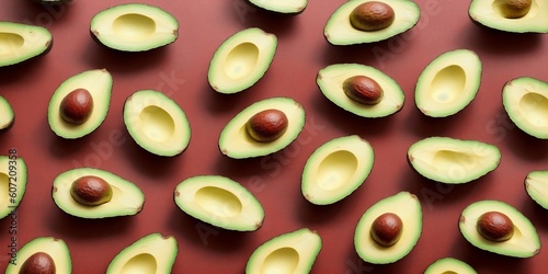Fresh Halved Avocados On Brown Background.