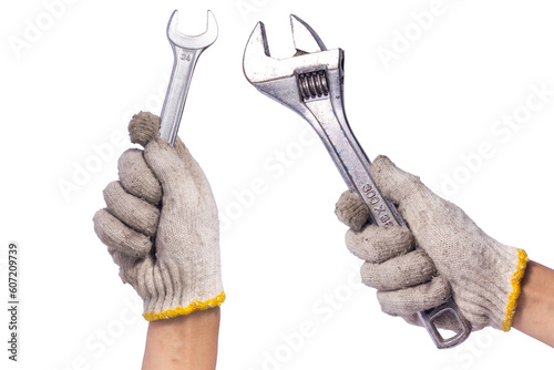 set handyman holding a wrench isolated on white background