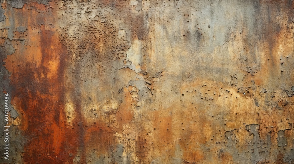 A heavily corroded rusted metal surface with texture and color variations. Generative AI