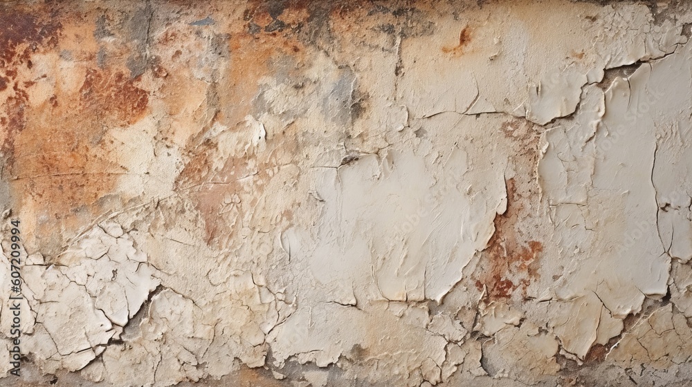 A textured wall with flaking paint and peeling layers. Generative AI
