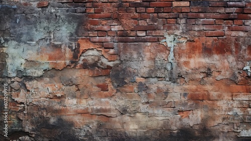 A weathered brick wall with peeling paint. Generative AI