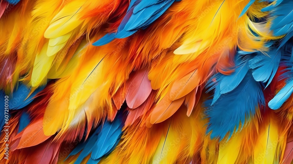 Fototapeta premium Vibrantly colored bird feathers up close. Generative AI
