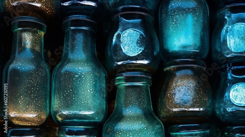 Green glass bottles arranged in a symmetrical pattern. Generative AI