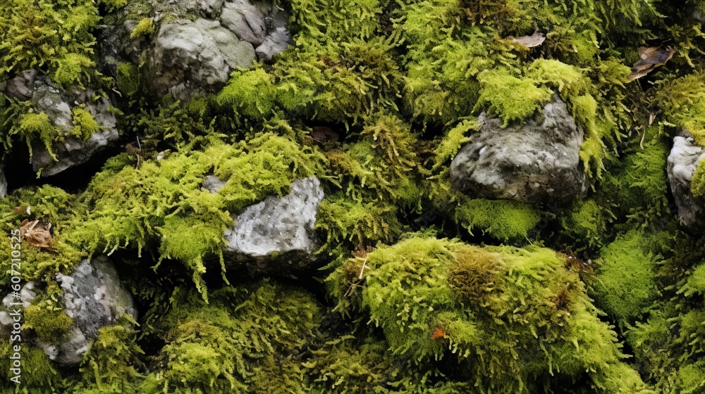 Lush green moss covering rocks in a forest. Generative AI Lush green moss covering rocks in a forest. Generative AI