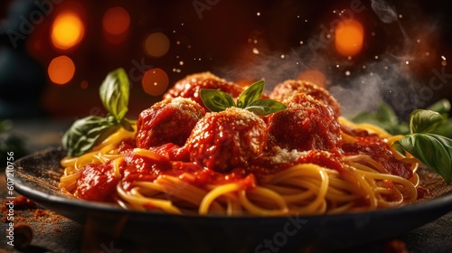 spaghetti with meatballs - food photography - made with Generative AI tools