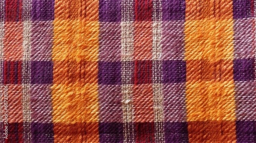 An orange and purple checkered plaid fabric texture. Generative AI