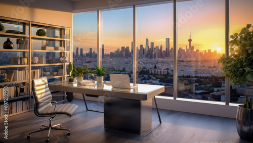  Illustration of a work from home office telecommuting from a luxury workspace. Beautiful cityscape sunset views are perfect for productivity (generative AI) © jonathon