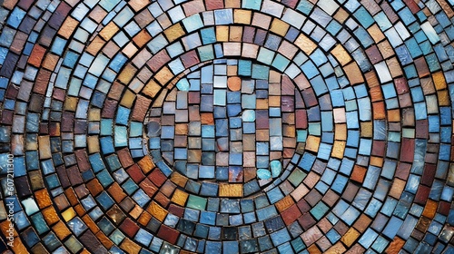 A circular mosaic tile wall with intricate design. Generative AI