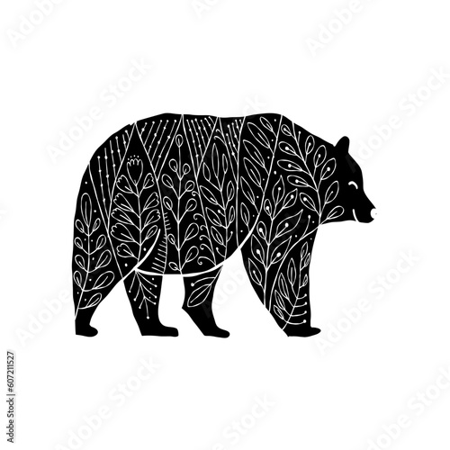 Black Bear silhouette with abstract Floral Ornament isolated on white