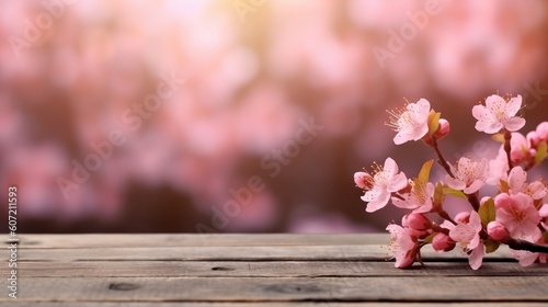 A branch of pink flowers on a wooden table. Generative AI