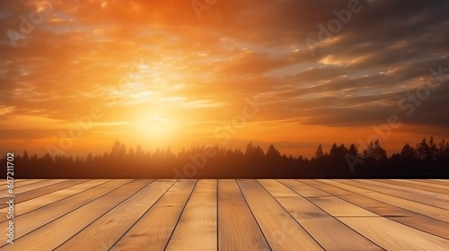 A wooden floor with a sunset in the background. Generative AI