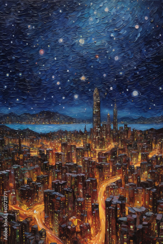 An oil painting of abottom up view of the textured nightime sky with twinkly stars. AI generative