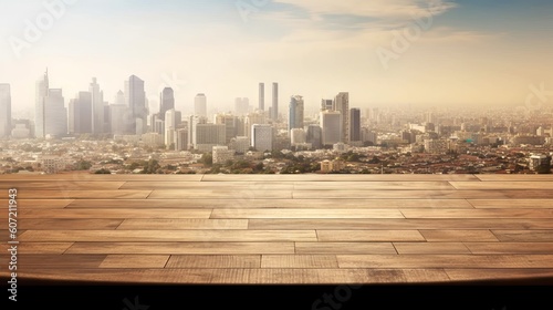 A wooden floor with a city skyline in the background. Generative AI © Cloudyew