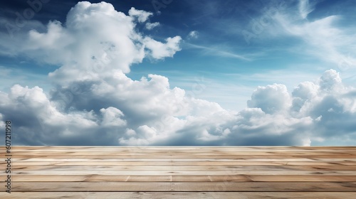 A wooden floor with a sky background. Generative AI