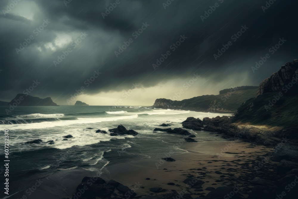 A dramatic stormy sky and rocky coastline. Generative AI