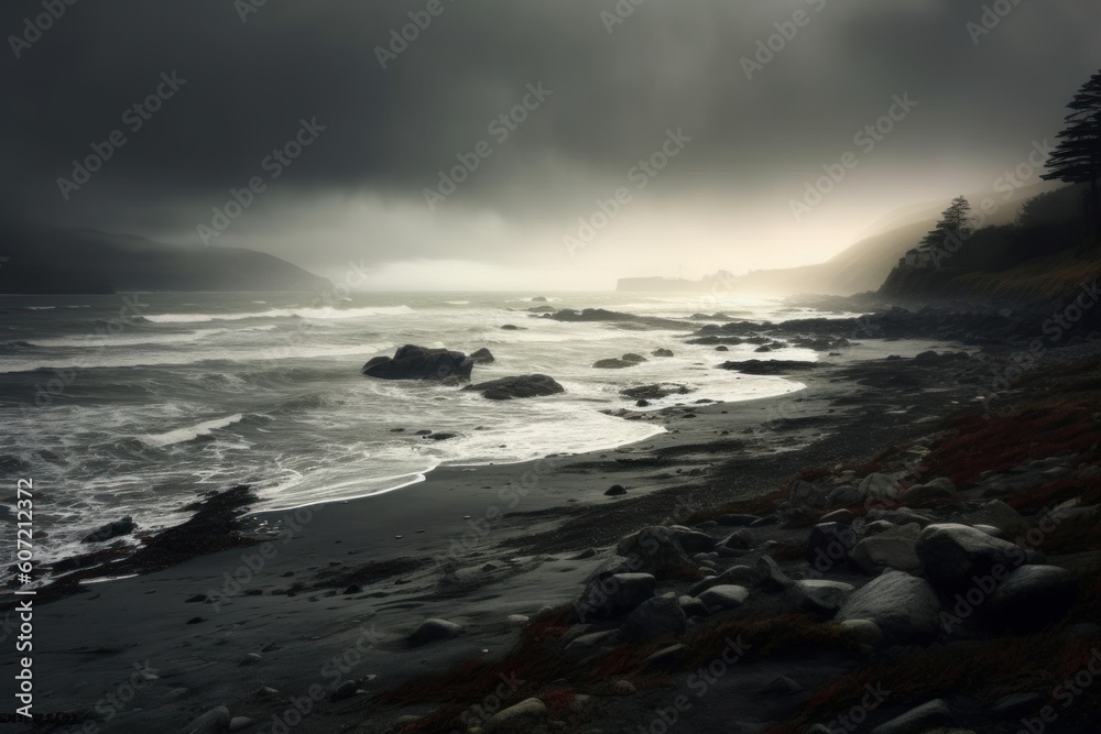 A rocky beach with cloudy skies and ocean waves. Generative AI