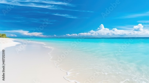 A stunning beach with crystal clear blue water and soft white sand. Generative AI