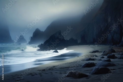 A misty beach with rocky terrain and serene waters. Generative AI