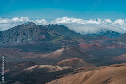 Haleakala National Park, Maui, Hawaii. Shield volcano. Cinder cone. Volcanic cones are among the simplest volcanic landforms. They are built by ejecta from a volcanic vent.