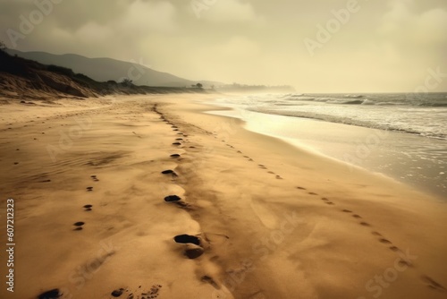 Footprints on a pristine sandy beach. Generative AI